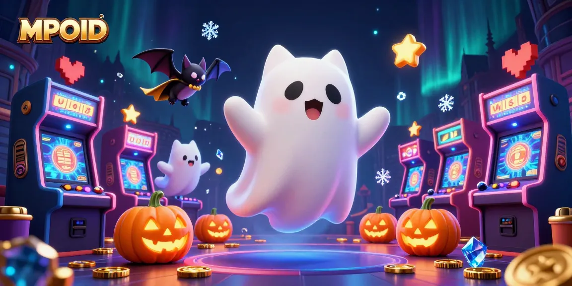 Engaging MPOID scene showcasing a ghost cat, vampire bat, and spooky elements in a haunted casino.