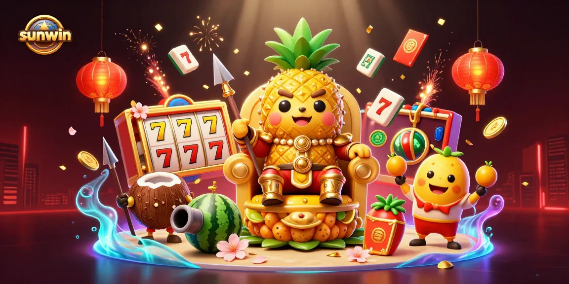 Experience exciting wins at sunwin with a vibrant 3D cartoon casino scene featuring a golden pineapple king and colorful game elements.