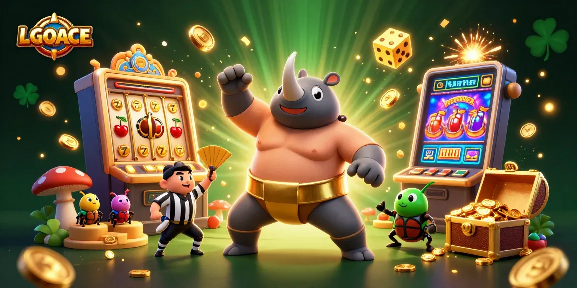 LGOACE features a dynamic scene of a sumo beetle champion amid slot machines, celebrating wins with golden coins.