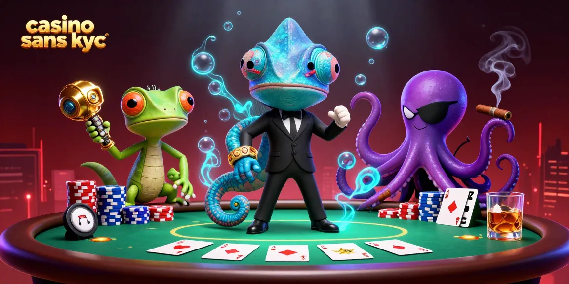 Jouez au casino sans KYC avec une illustration dynamique de personnages et jeux de cartes.