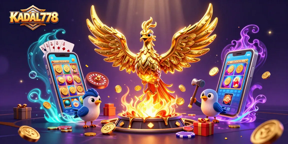 KADAL778 showcases a 3D golden phoenix with coins and vibrant casino elements in an engaging illustration.