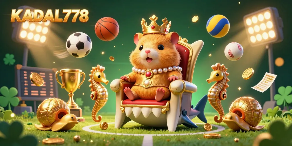 KADAL778 captures excitement in a vibrant casino-themed illustration with a golden hamster king and dynamic sports elements, symbolizing top-tier gaming.
