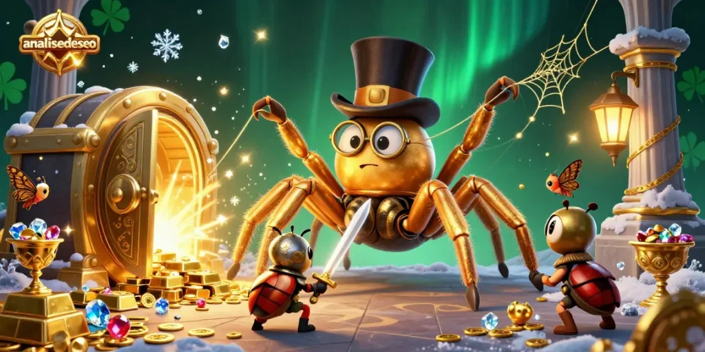 analisedeseo showcases a vibrant 3D casino scene with a golden tarantula and beetle knight.