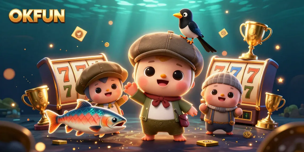 Enjoy dynamic slot games at OKFUN with delightful characters in an exciting casino scene.