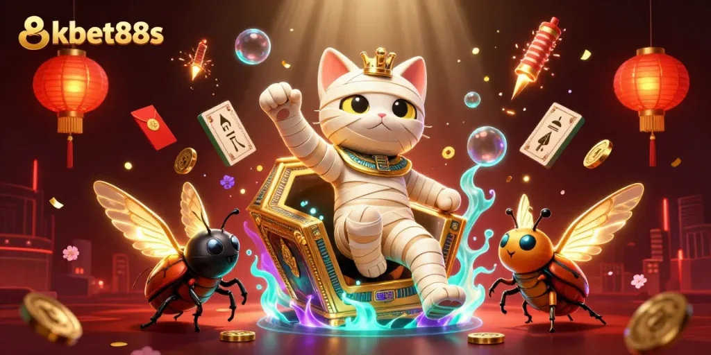 Experience the excitement of 8kbet88s with a vibrant 3D illustration featuring a mummy cat in a casino scene.