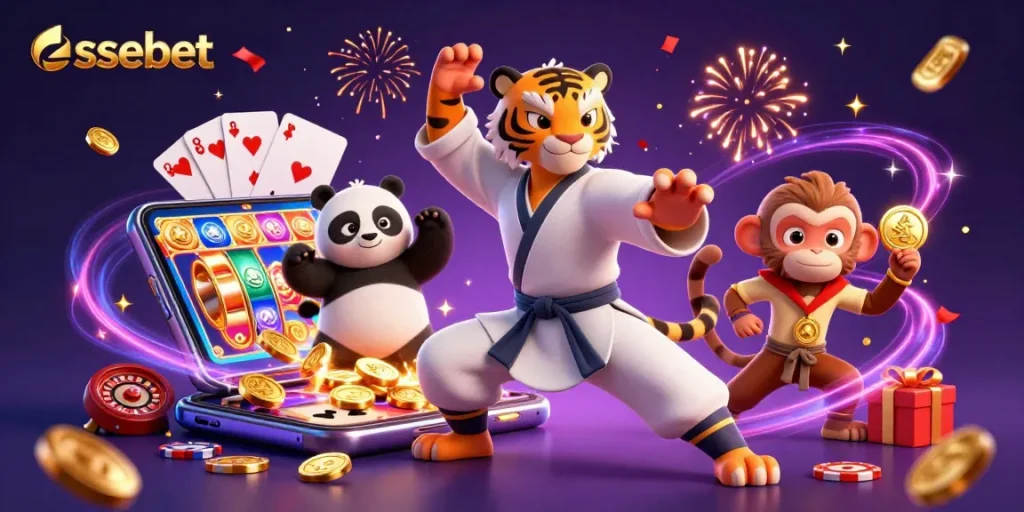 Experience the thrill of essebet with a kung fu tiger, panda, and playful monkey amidst casino excitement.