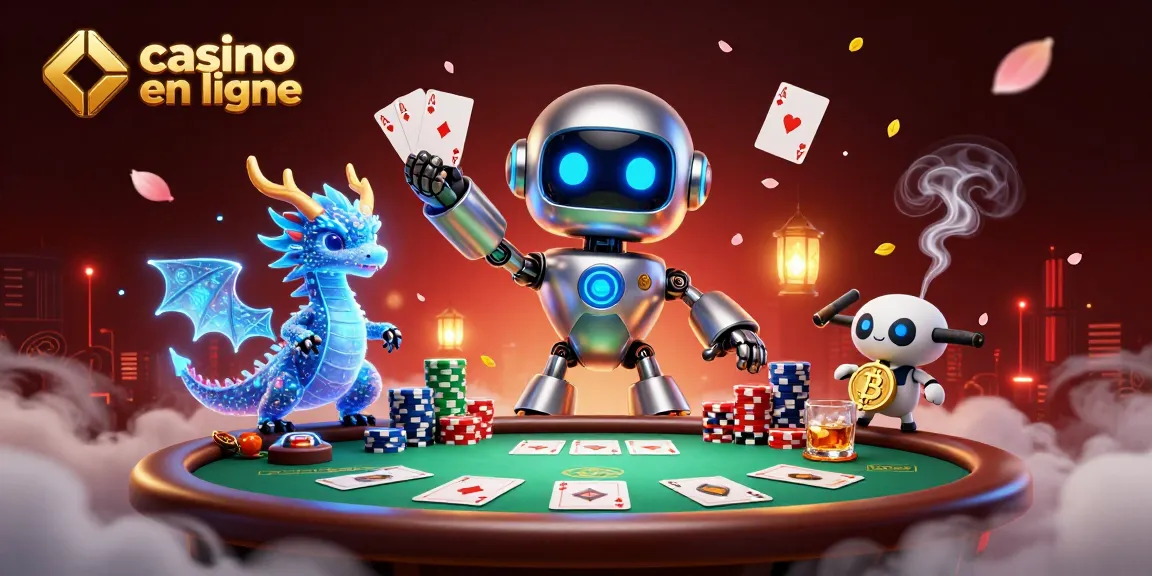 Jouer au casino en ligne avec l'assistant robotique et dragon holographique dans une scène dynamique.