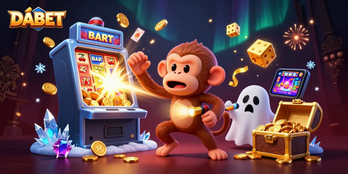 DABET players experience excitement with a ghostly monkey and golden treasures in a vibrant casino scene.