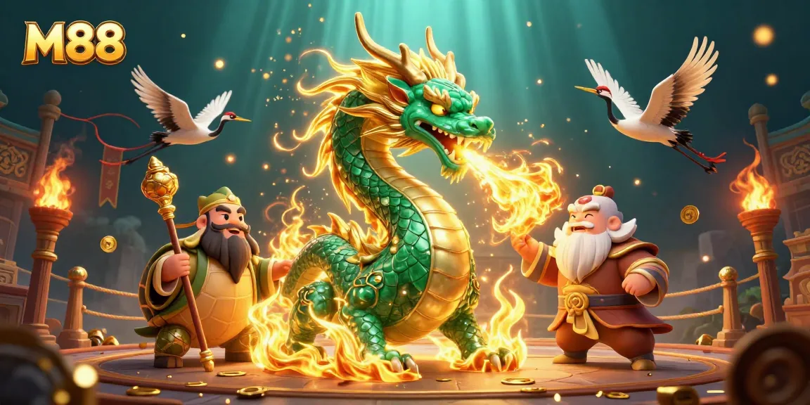 M88 players engaging with a vibrant casino scene featuring a jade dragon and cranes amidst golden coins.