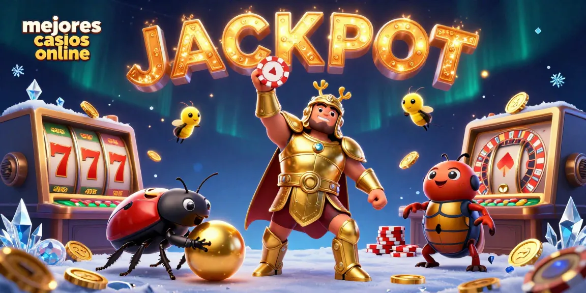 Los mejores casinos online muestran un escarabajo triunfante en un entorno vibrante de juego y premios.
