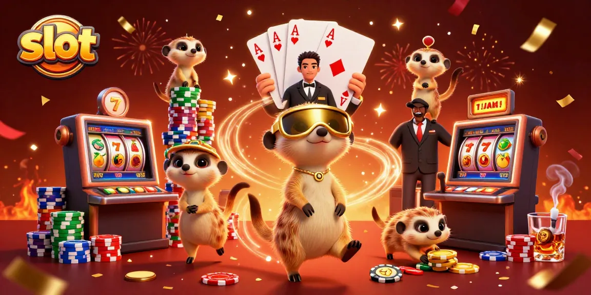Slot kasino dengan koloni meerkat yang lucu menjalankan operasi kasino dengan slot dan tumpukan chip.