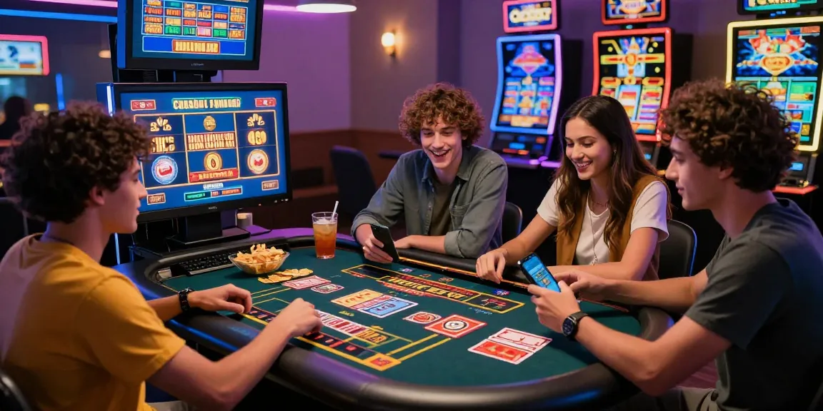 Exciting online gaming scene at credit card casinos like https://brcs.co.uk/, friends enjoying a night of slots and table games together.