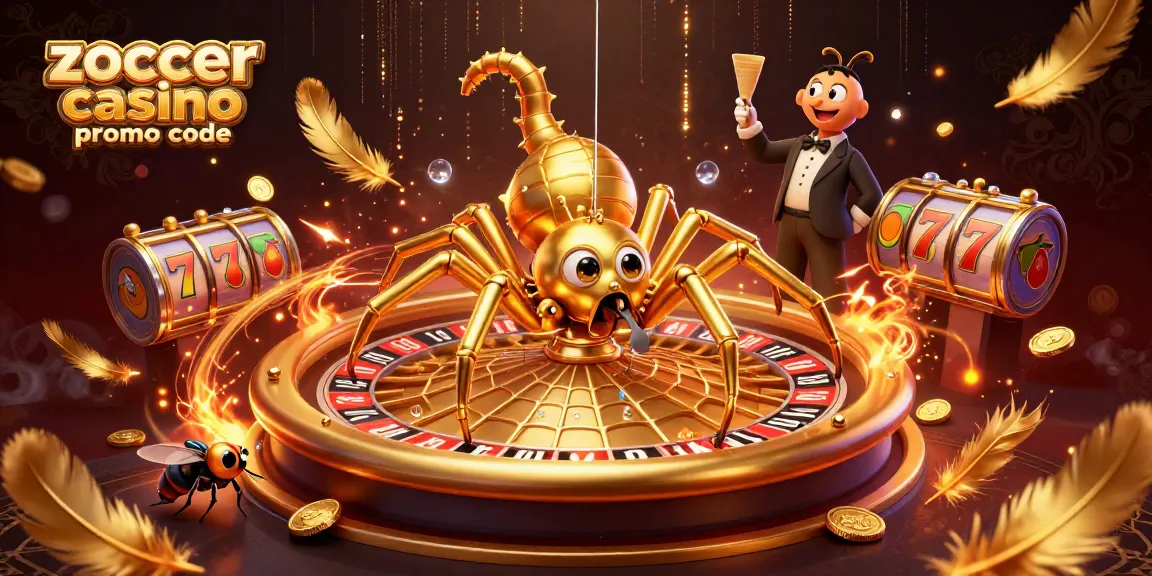 Spin the roulette wheel with Zoccer Casino promo code as a golden spider weaves magic in an immersive gaming atmosphere.
