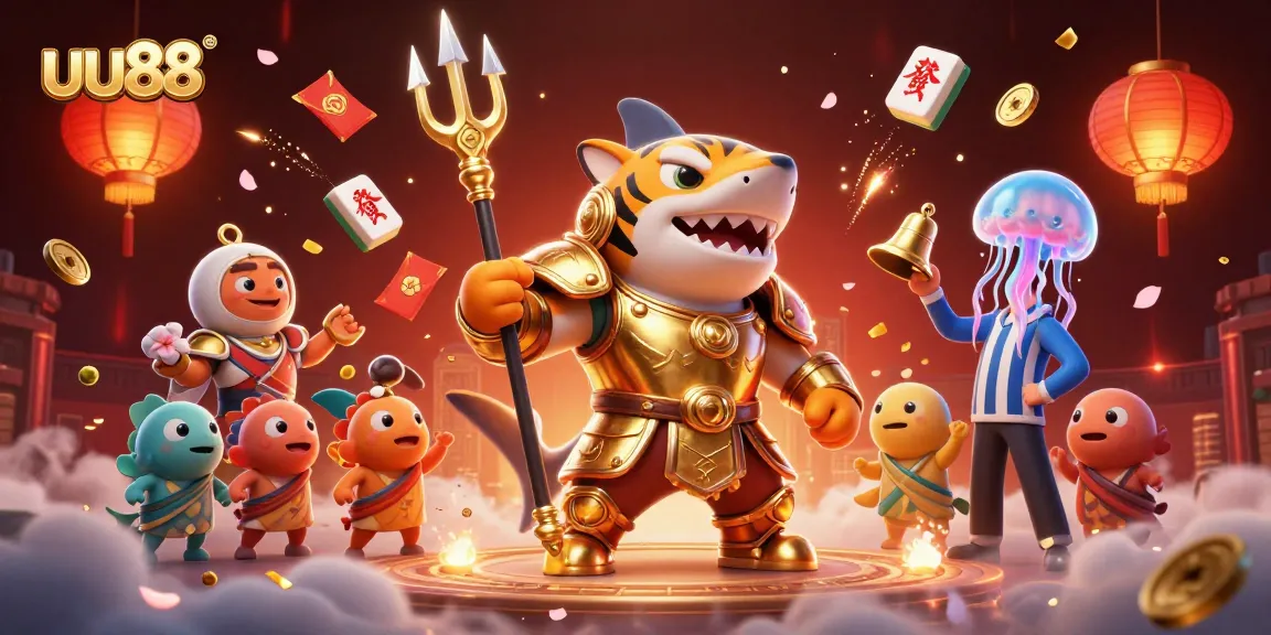 Engaging 3D representation of uu88 featuring a tiger shark in gladiator armor and casino elements.