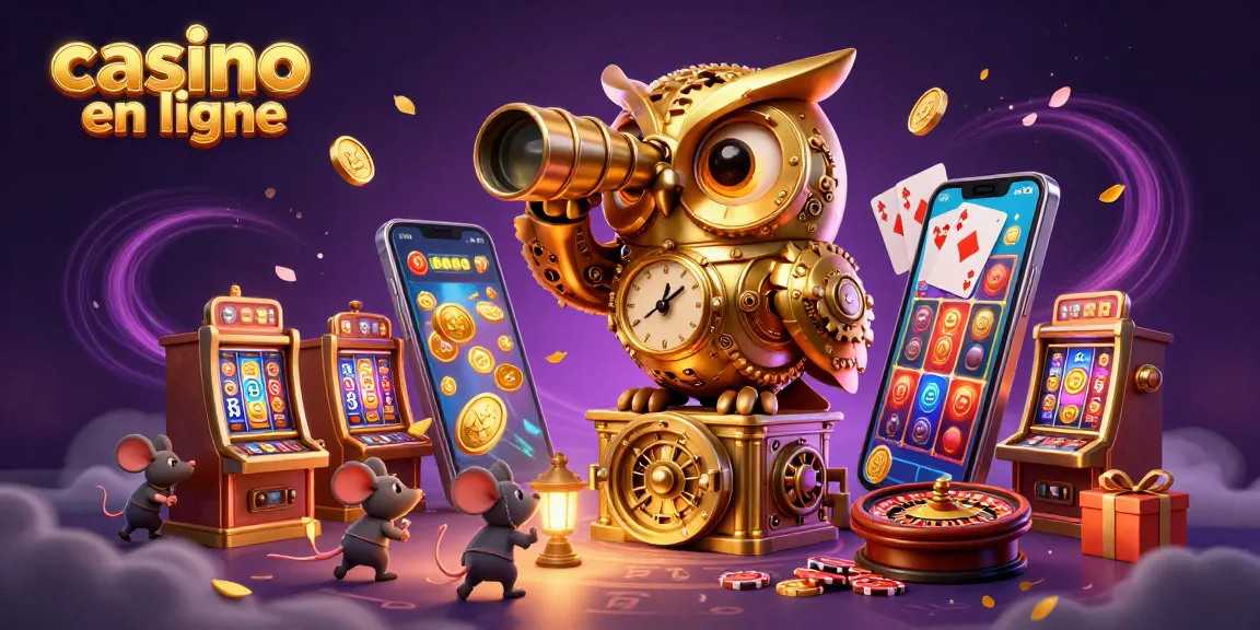 Casino en ligne : Une illustration 3D animée d'un hibou doré surveillant un sol de casino rempli de jeux.