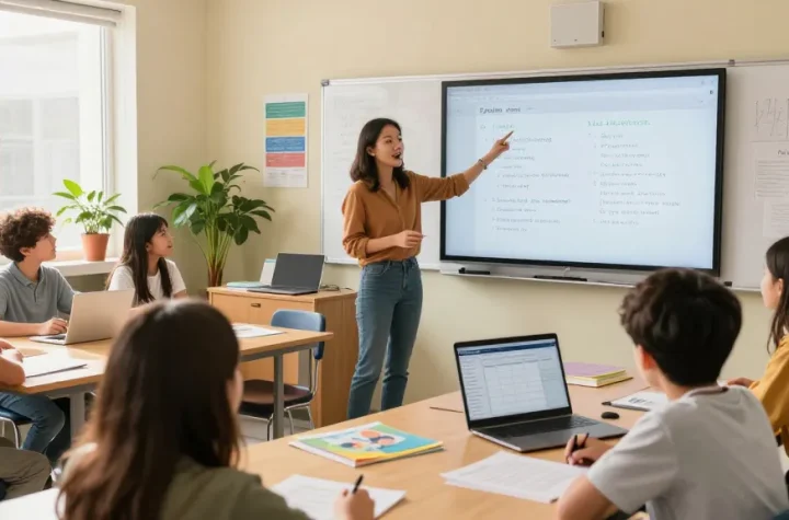 Interactive classroom scene showcasing EMStudio online teacher planner, with engaged students and organized lesson materials.