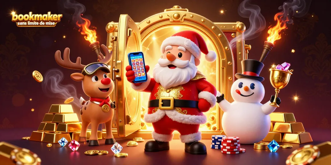 Misez sur bookmaker sans limite de mise avec un personnage de Noël joyeux et des éléments riches, affichant un smartphone gagnant.