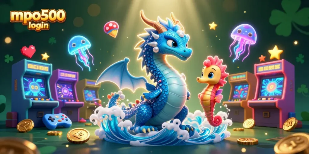 Engage in the magical world of mpo500 login with vibrant 3D casino characters and game elements.