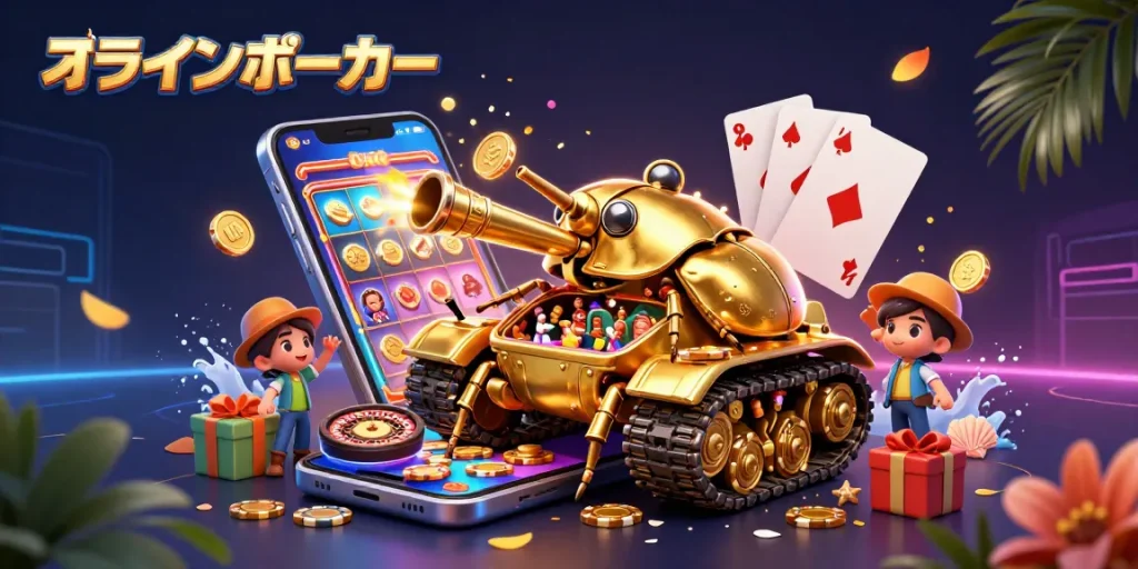 オンラインポーカーで戦うミニチュアカジノを持つゴールデンビートルタンクのイラスト
