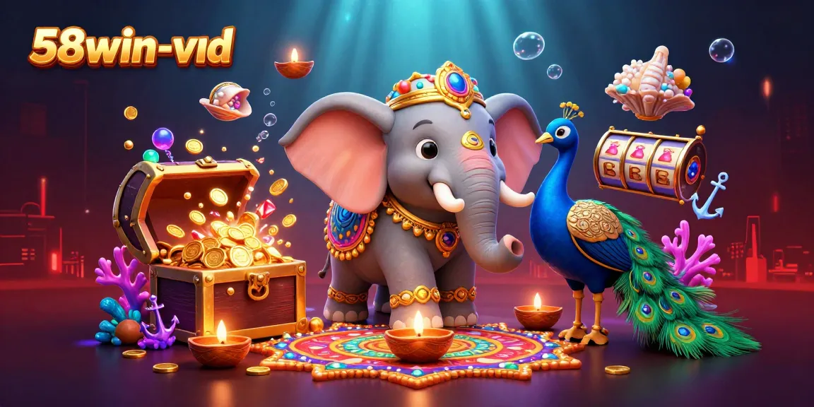 Spin winning reels with the enchanting 58win-vnd elephant and peacock amidst vibrant gems.