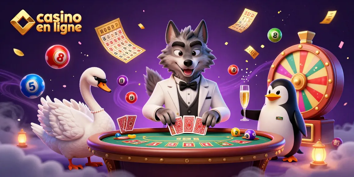 Plongez dans l'univers du casino en ligne avec un loup élégant, un cygne distributeur, et un pingouin sommelier lors d'une partie captivante.