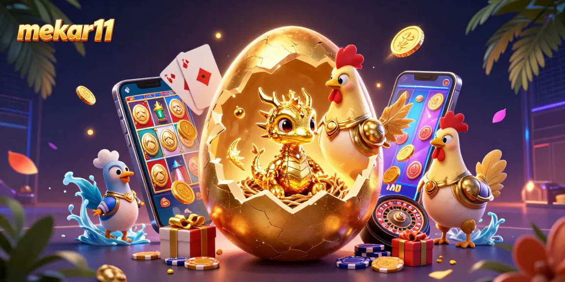Mekar11 reveals a golden baby dragon surrounded by casino elements and vibrant gaming action.