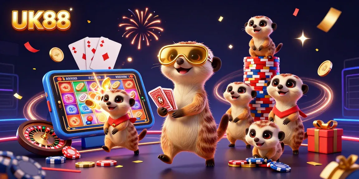 Experience excitement at UK88 with meerkats running a casino, full of games and golden coins.