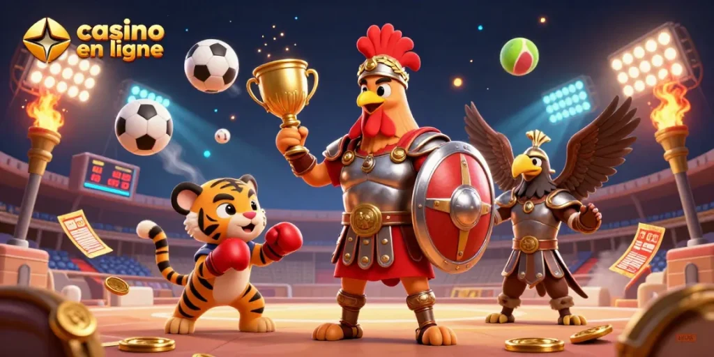 Gagnez au casino en ligne avec des personnages dynamiques où un coq gladiateur interagit avec un tigre cub et un aigle, entouré d'éléments de jeu.
