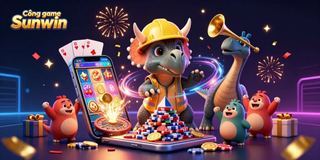 Cổng game Sunwin brings excitement to life with a celebration of gaming efforts in an energetic 3D illustration.