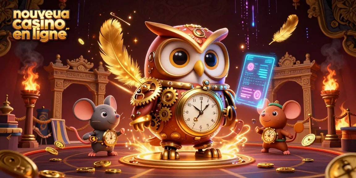 Illustration d'un nouveau casino en ligne mettant en scène un hibou voyageur et des éléments futuristes.