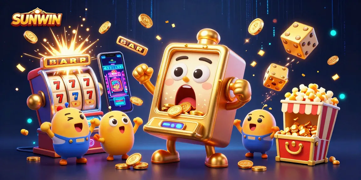 SUNWIN golden slot machine celebrating a jackpot with coins pouring out, cheerful baby slots, and gaming excitement.