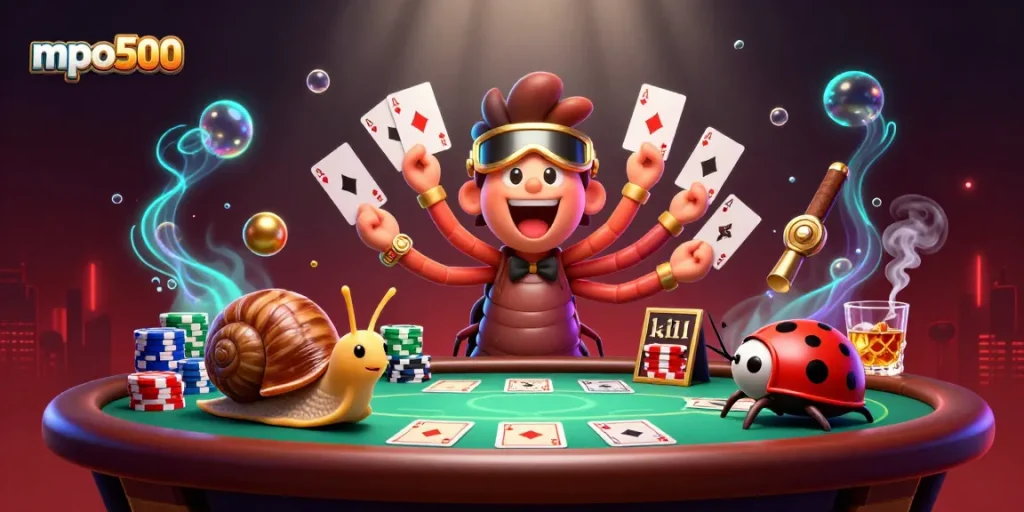Experience the thrilling world of mpo500 where a millipede dealer and snail high-roller engage in an exciting poker game.