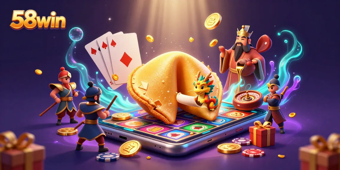 Experience the excitement of 58win with vibrant casino characters and gaming elements in a dynamic illustration