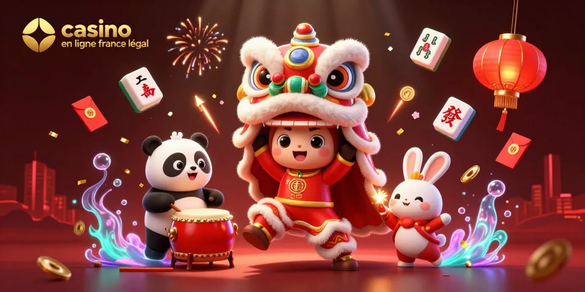 Illustration dynamique de casino en ligne France légal avec des personnages amusants dans une scène festive