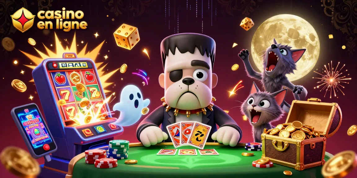 Profitez du casino en ligne avec une ambiance animée, comprenant un bulldog montrant des cartes et un jackpot visible.