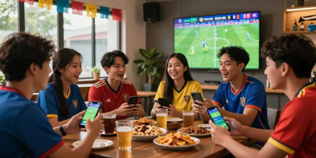 Friends enjoying football match with Kèo Bóng Đá Hôm Nay betting odds displayed.