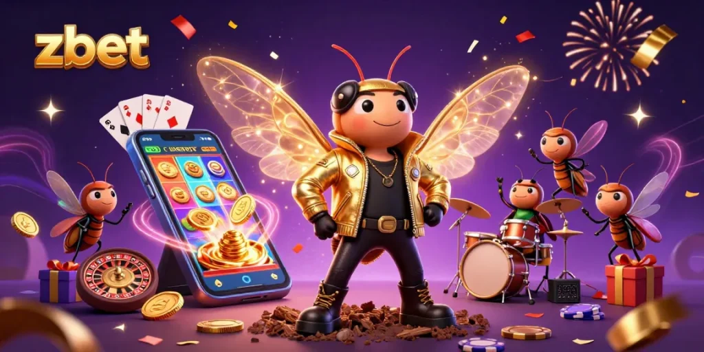 Engage with zbet's colorful slot game featuring a rock star cicada and vibrant gambling elements.