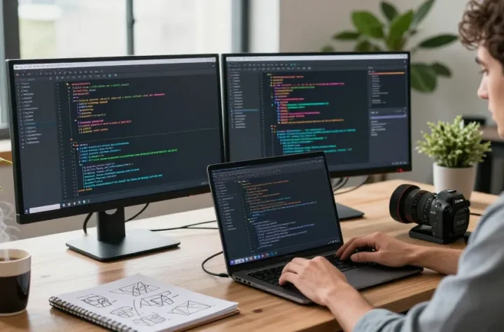 Developer coding on a laptop at https://www.bdtjl.app/ workspace with dual monitors and coffee, showcasing tech innovation.