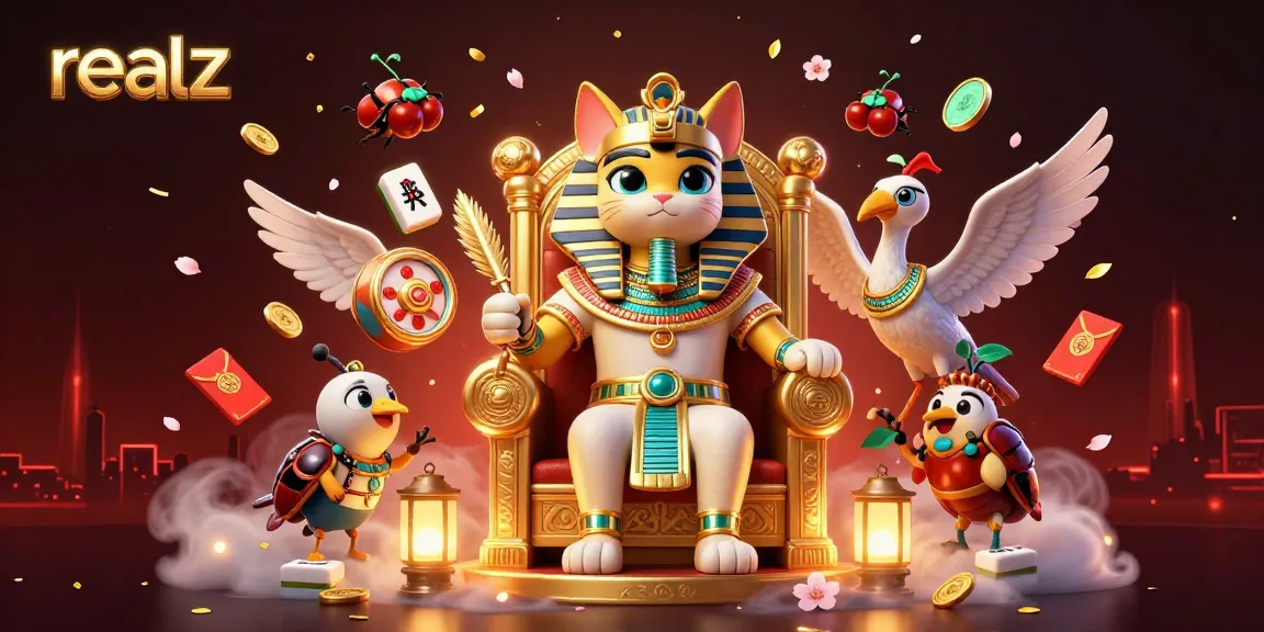 Experience the thrill of realz online slots with a vibrant illustration featuring unique characters and casino elements.