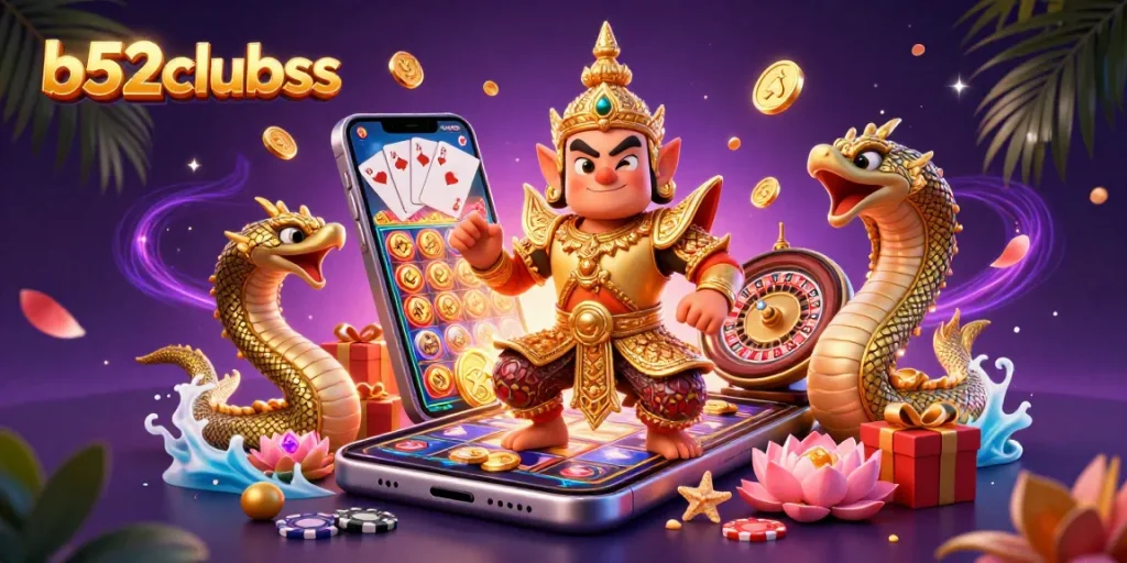Engage in thrilling games at b52clubss with friendly Naga guardians and vibrant slot elements.