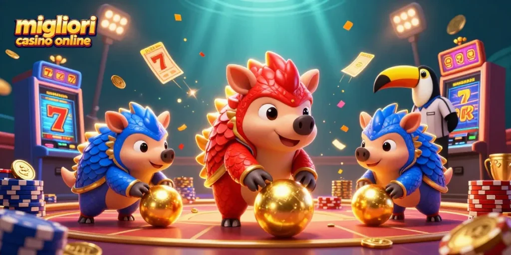 Gioca nei migliori casino online con divertenti pangolini in un'illustrazione dinamica.
