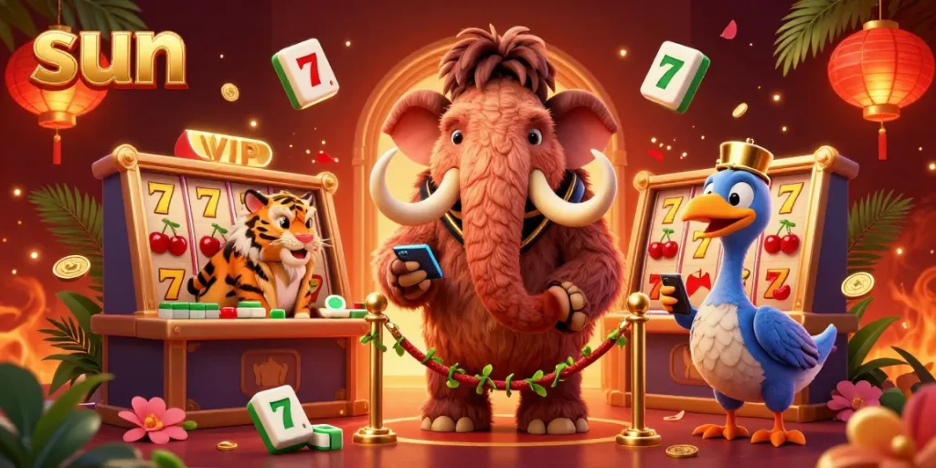 Win exciting prizes in vibrant sun-themed casino games featuring detailed mammoth bouncer and lucky 7s.