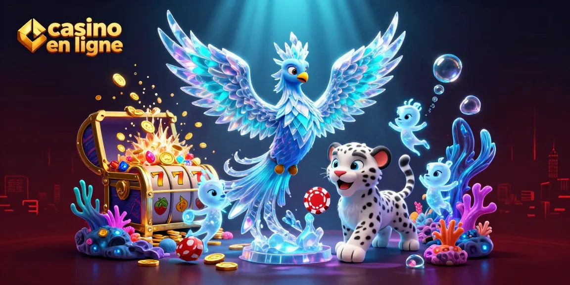 Jouez à des jeux de casino en ligne avec l’illustration d’un phoenix de glace et un chip de poker dans un monde magique.