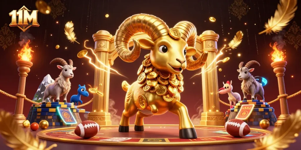 Bet on thrilling matches with 11M's dynamic sports betting scene featuring a massive golden ram.