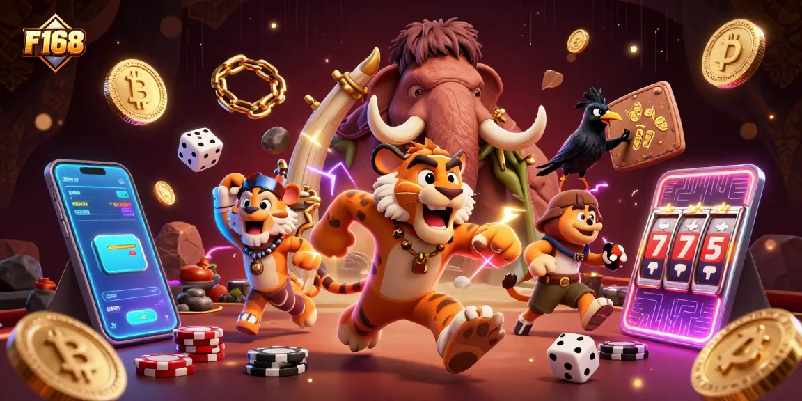 F168 showcases a lively prehistoric casino scene with dynamic elements and vibrant gameplay visuals.