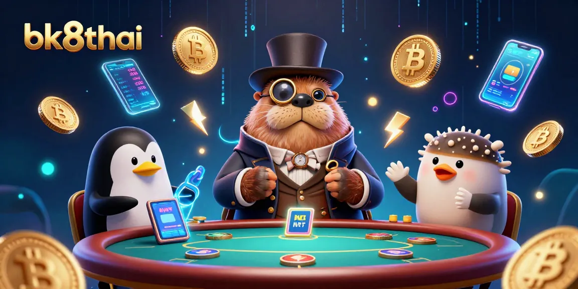 Engage with bk8thai in a vibrant underwater poker scene featuring a walrus, penguin dealer, and pufferfish.