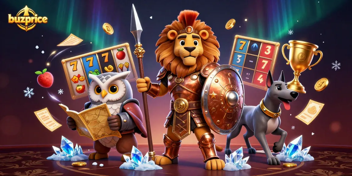 buzprice unleashes thrilling jackpot wins with vibrant slot games featuring a lion, owl, and greyhound in action.