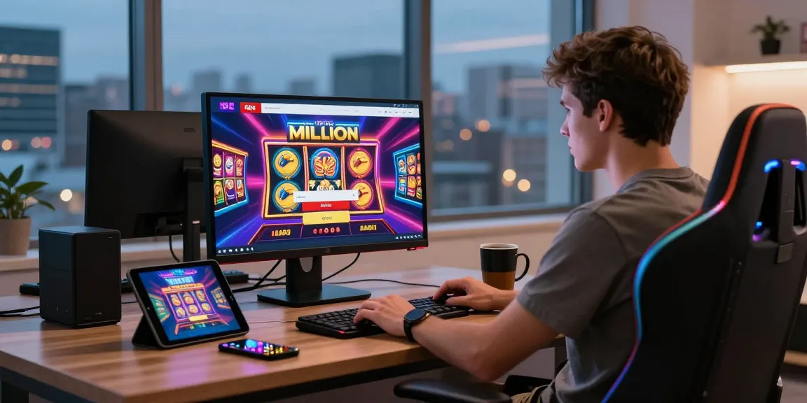 Million Casino login scene with vibrant graphics and player focused on gaming excitement.