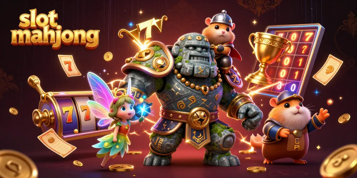 Experience thrilling gameplay with slot mahjong, featuring an ancient golem guardian, fairy, and knight in action.