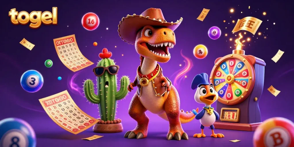 Engage in togel with lively lottery elements in a fun cartoon T-Rex scene.